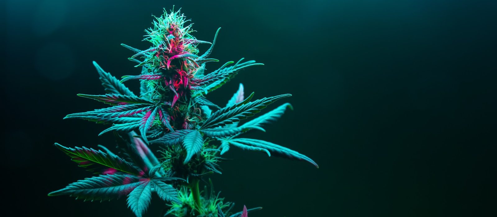 Cannabis & Dispensary Web Design Cannabis plant lit in teal and magenta against a dark background